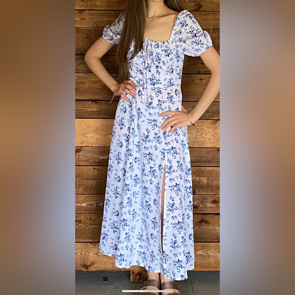 SHEIN Floral Blue & White Square Neck Maxi Dress With Bow & Puff Sleeves Size XS